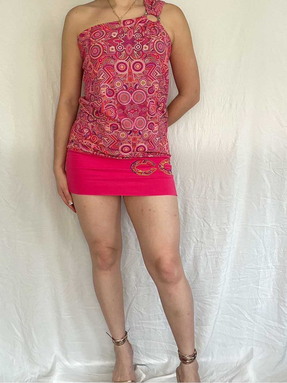 Y2K Coogi pink one shoulder geometric design baddie mini dress